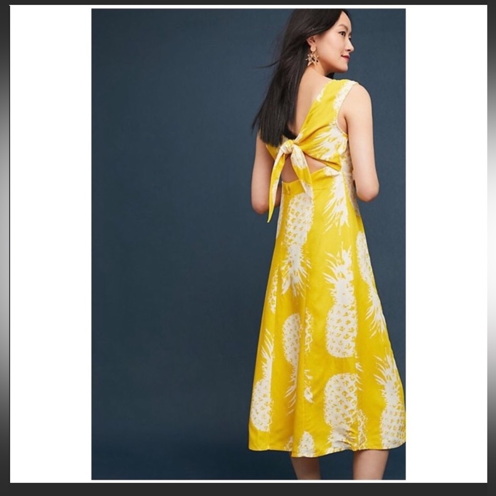 ANTHROPOLOGIE MEAVE Yellow Pineapple Midi Dress 16
